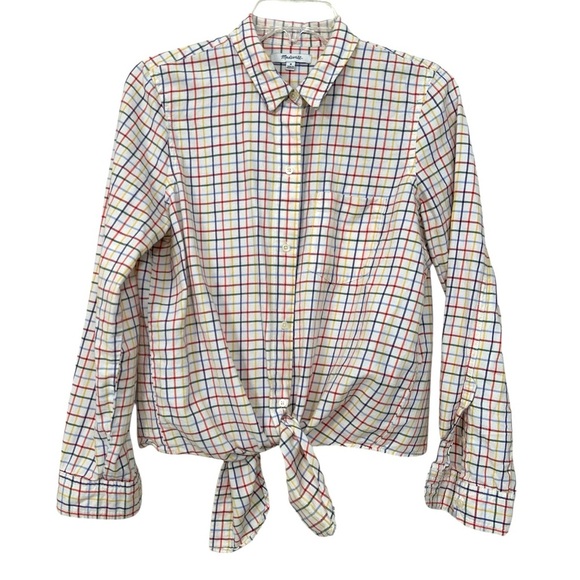 MADEWELL Tie Front Shirt Rainbow Plaid Cotton Long Sleeve Button Down Size M - Picture 2 of 4